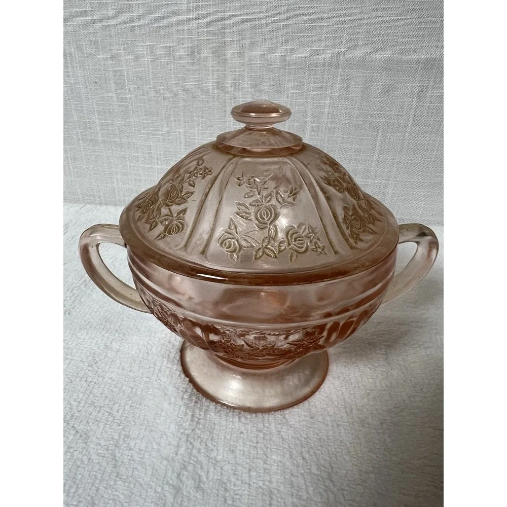 Federal Glass Sharon Cabbage Rose Sugar Bowl Lidded Pink Depression Glass